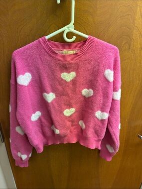 Altar'd State Pink Crewneck Sweater with White Heart Motif